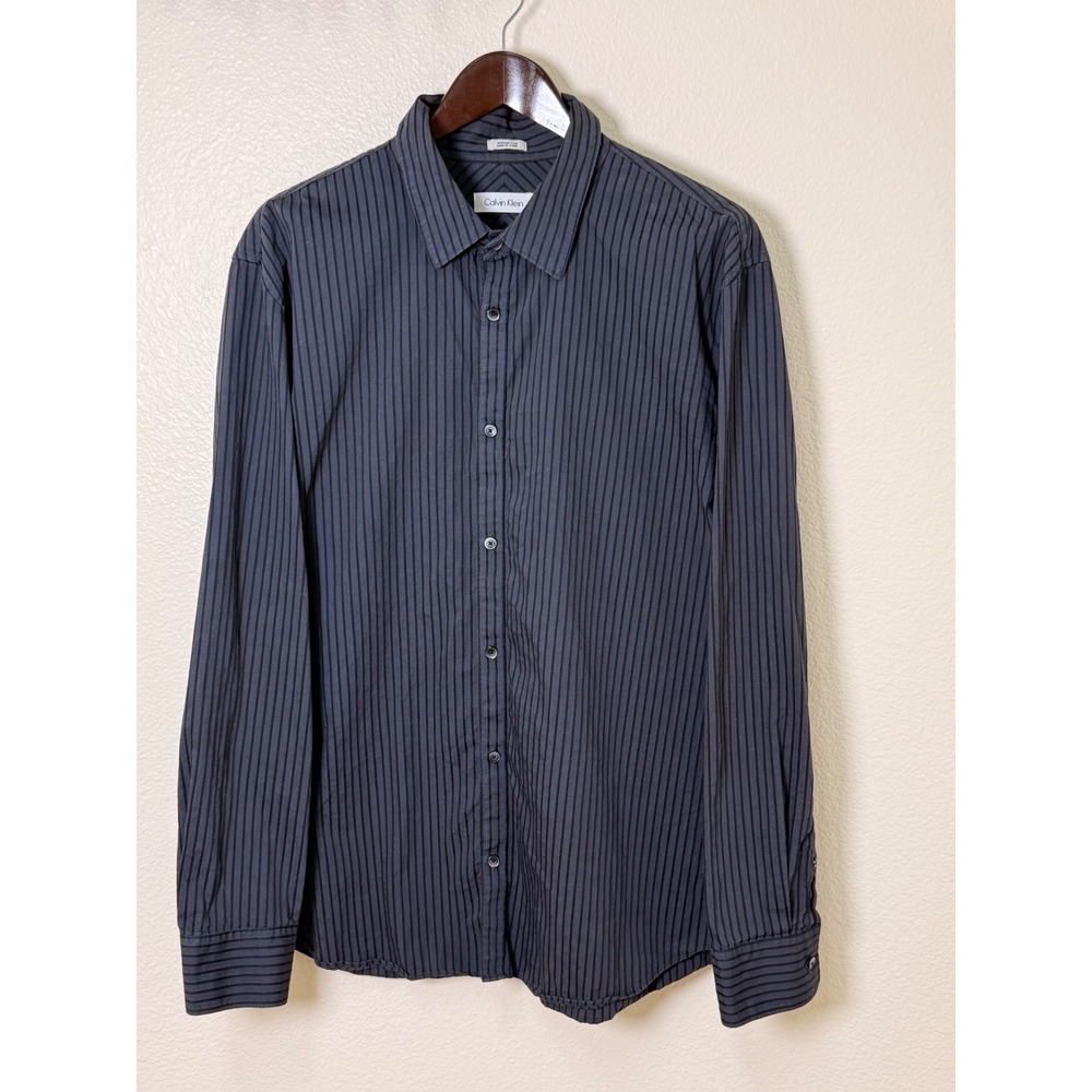 Calvin Klein Mens XL Gray Striped Long Sleeve Cotton Button Down Shirt